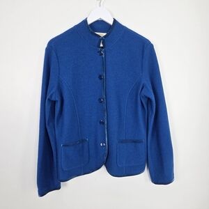 Vintage Talbots 100% Merino Wool Blue Button-Up Velvet Trim Jacket Size M